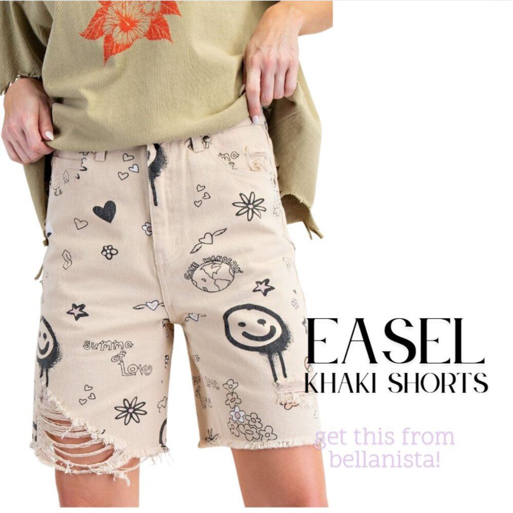 easel shorts Khaki Jean Shorts with Black smile smiley face womens size large LG - Picture 3 of 5